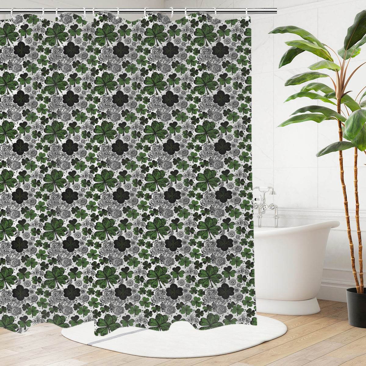 Scribbled Clovers Bathroom Four-Piece Set(Shower Curtain + Toilet Cover Mat + Toilet Foot Mat + Floor Mat)| Polyester - DeRose Seasonal
