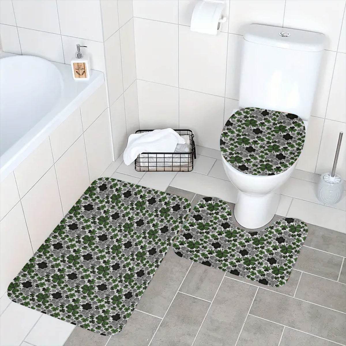 Scribbled Clovers Bathroom Four-Piece Set(Shower Curtain + Toilet Cover Mat + Toilet Foot Mat + Floor Mat)| Polyester - DeRose Seasonal
