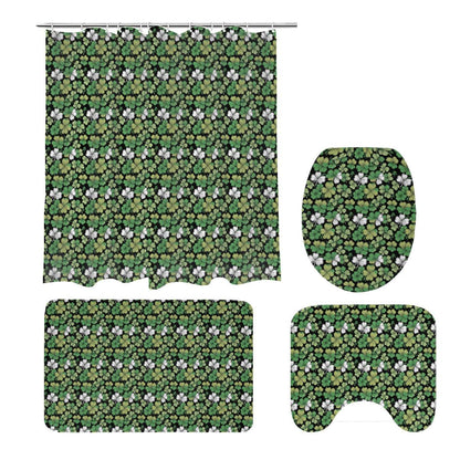 Clover Patch Bathroom Four-Piece Set(Shower Curtain + Toilet Cover Mat + Toilet Foot Mat + Floor Mat)| Polyester - DeRose Seasonal