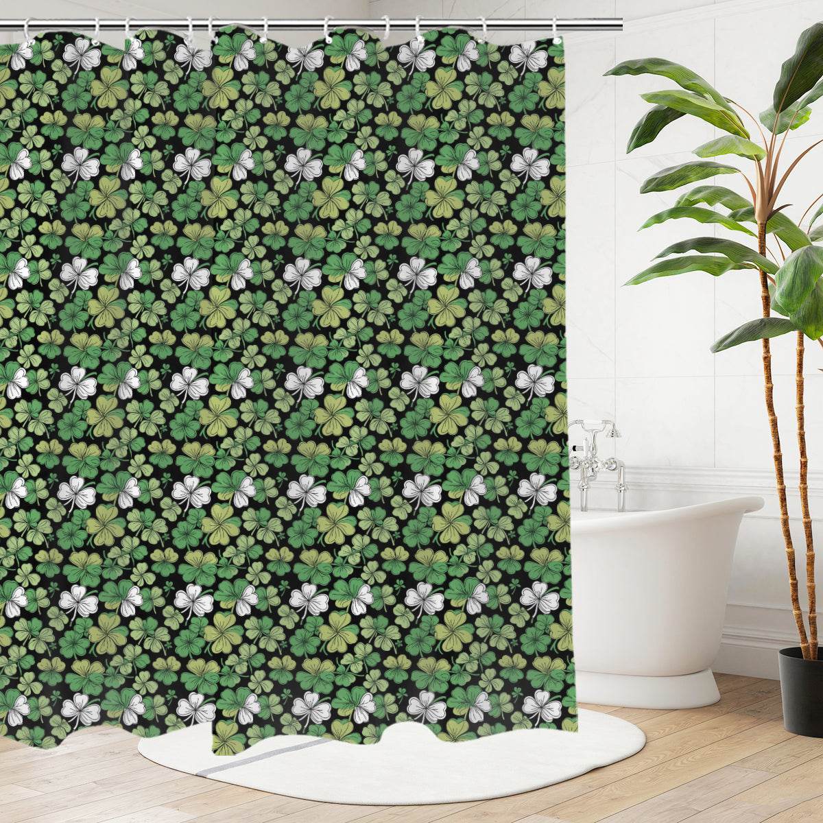 Clover Patch Bathroom Four-Piece Set(Shower Curtain + Toilet Cover Mat + Toilet Foot Mat + Floor Mat)| Polyester - DeRose Seasonal