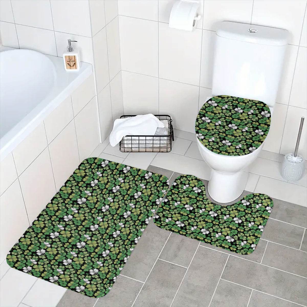 Clover Patch Bathroom Four-Piece Set(Shower Curtain + Toilet Cover Mat + Toilet Foot Mat + Floor Mat)| Polyester - DeRose Seasonal