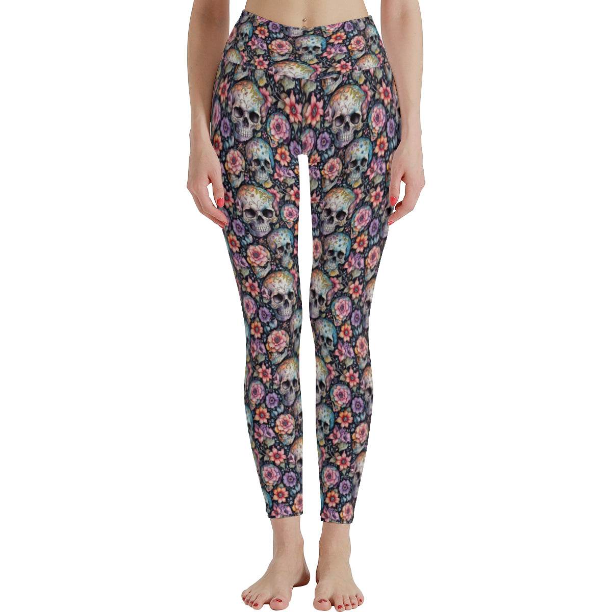 Pastel Floral and Skulls Women's Polyester Yoga pants Leggings - DeRose Seasonal
