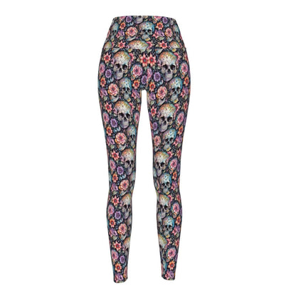 Pastel Floral and Skulls Women's Polyester Yoga pants Leggings - DeRose Seasonal