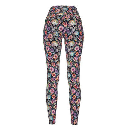 Pastel Floral and Skulls Women's Polyester Yoga pants Leggings - DeRose Seasonal