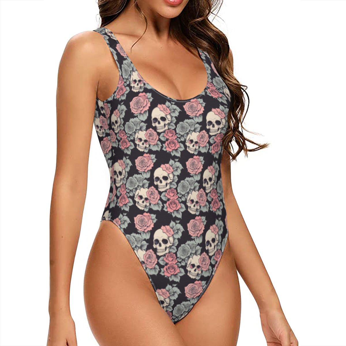 Skull and Pink Rose One-Piece Swimsuits Polyester and Spandex - DeRose Seasonal