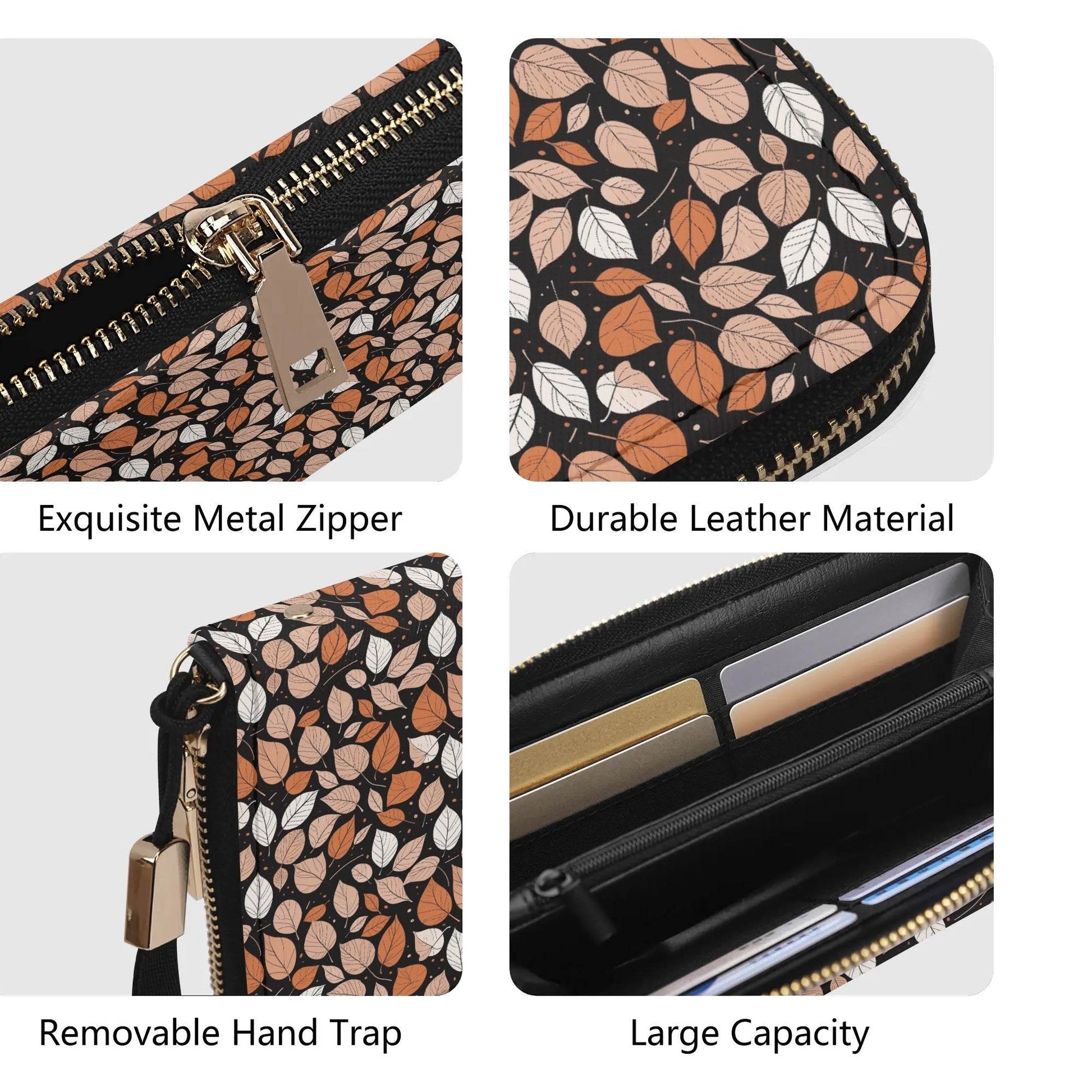 Dark Leaves Women's Leather Zipper Wristlet Wallet - DeRose Seasonal