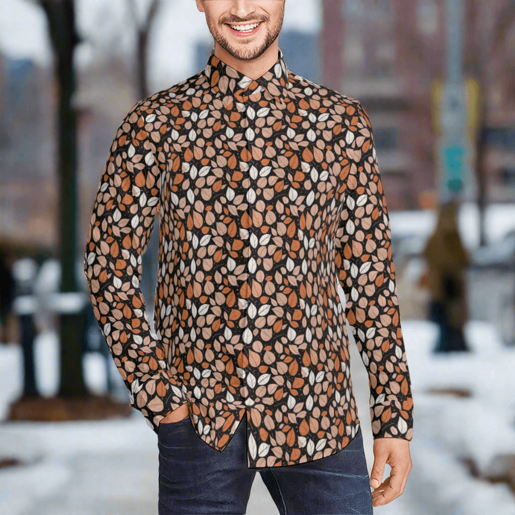 Dark Leaves Men's Classic Long-Sleeved Button up Polyester Dress Shirt - DeRose Seasonal