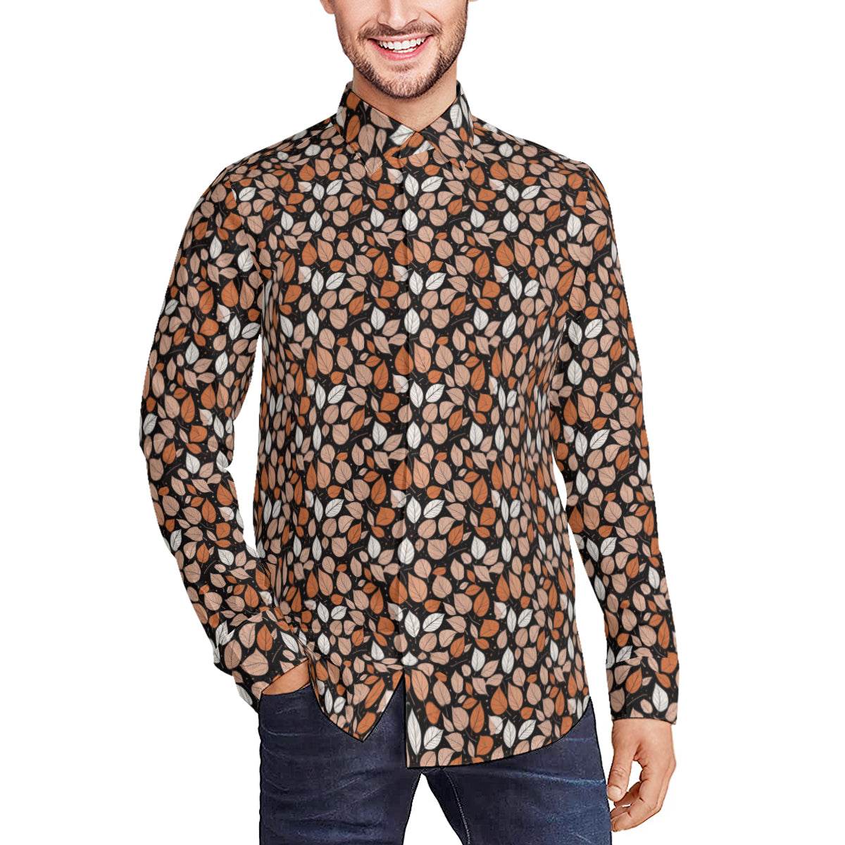 Dark Leaves Men's Classic Long-Sleeved Button up Polyester Dress Shirt - DeRose Seasonal