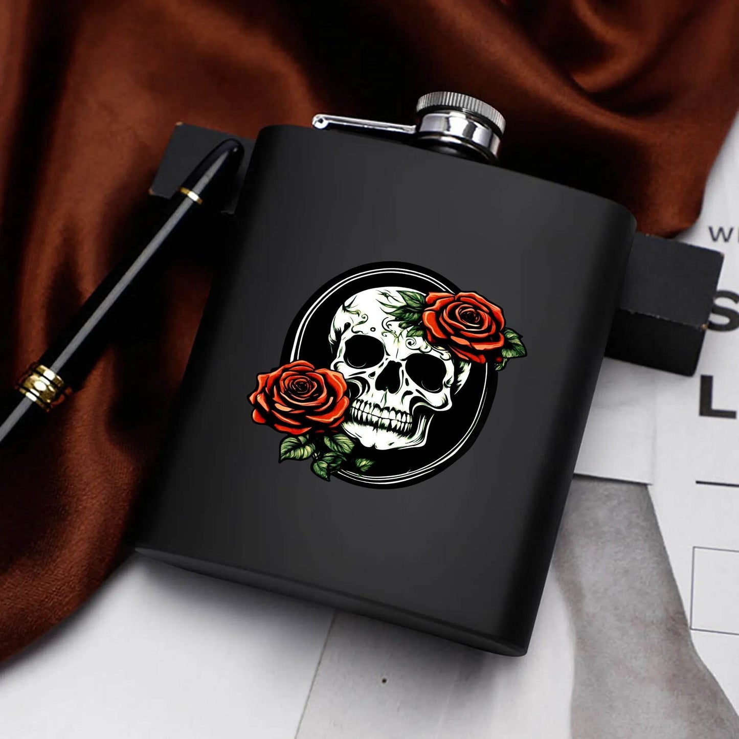 Skull and Rose -DeathDrip Branding Flask Set 7oz Black Stainless Steel with A Gift Box - DeRose Seasonal