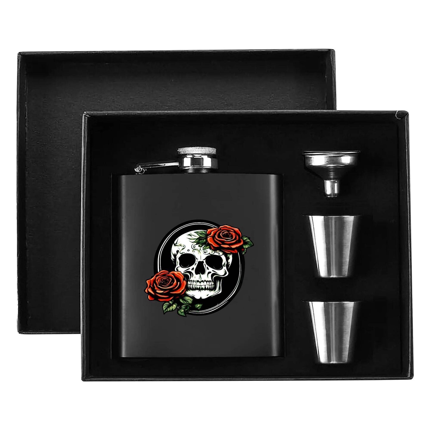 Skull and Rose -DeathDrip Branding Flask Set 7oz Black Stainless Steel with A Gift Box - DeRose Seasonal