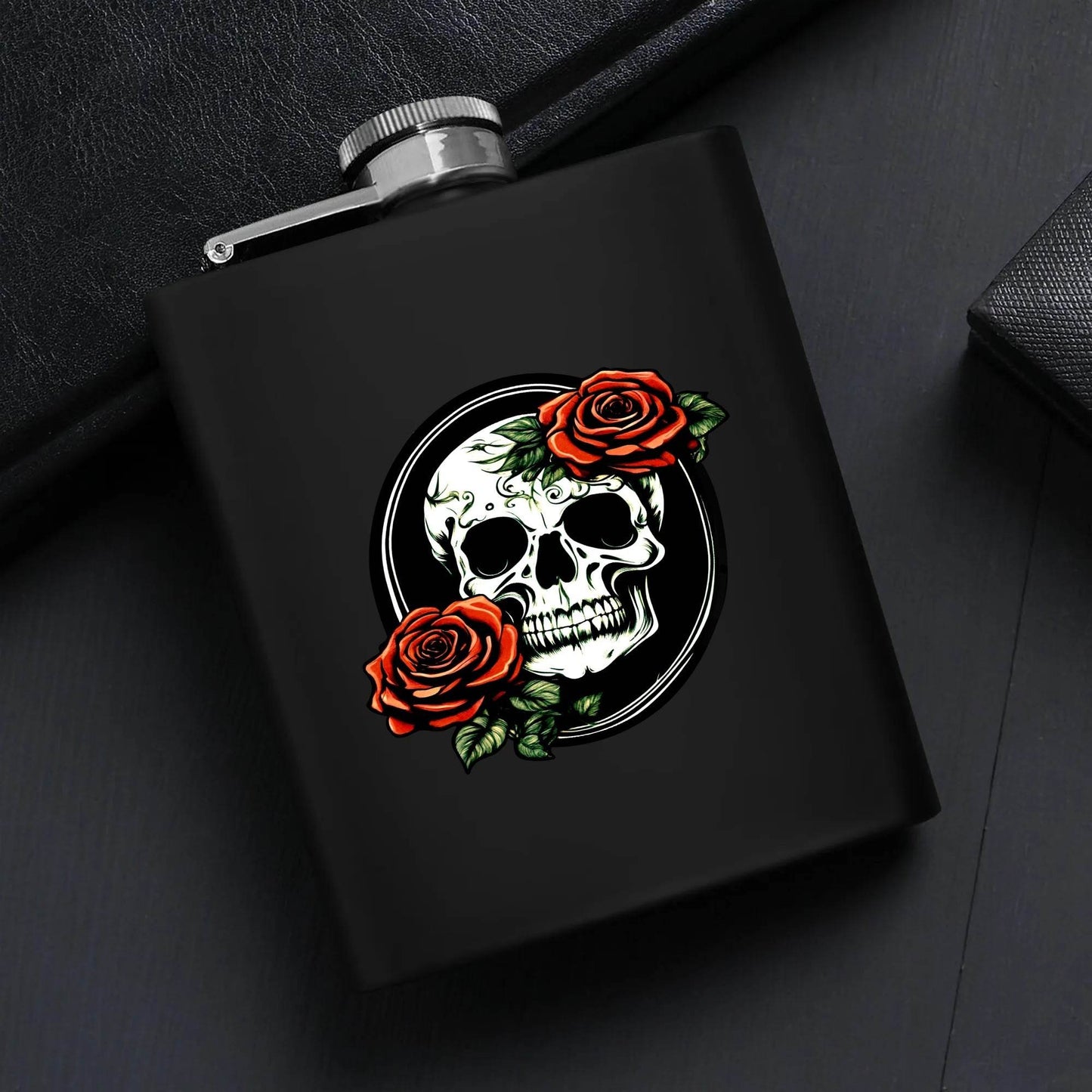 Skull and Rose -DeathDrip Branding Flask Set 7oz Black Stainless Steel with A Gift Box - DeRose Seasonal