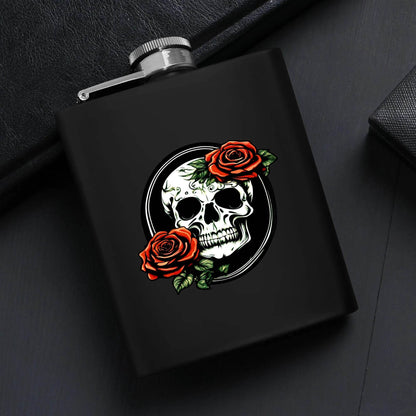 Skull and Rose -DeathDrip Branding Flask Set 7oz Black Stainless Steel with A Gift Box - DeRose Seasonal