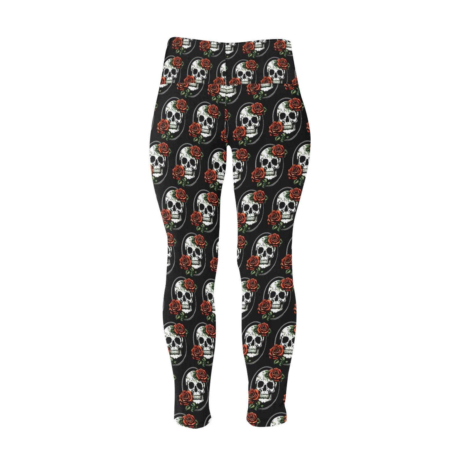DeathDrip Skull and Rose Women's Plus Size High Waited Leggings Women's High Waist Leggings(Plus Size)(ModelL45) - DeRose Seasonal