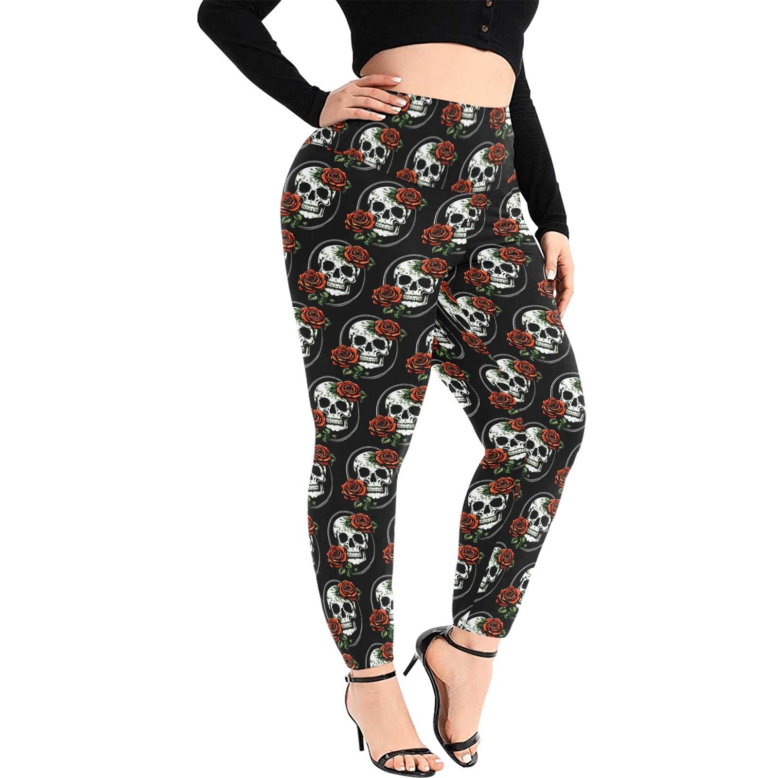 DeathDrip Skull and Rose Women's Plus Size High Waited Leggings Women's High Waist Leggings(Plus Size)(ModelL45) - DeRose Seasonal