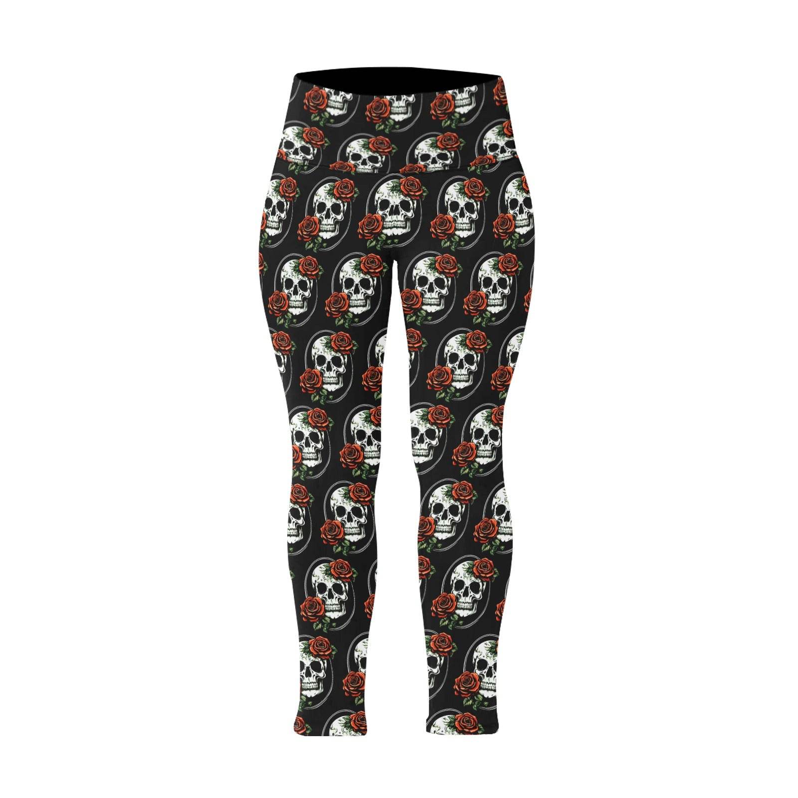 DeathDrip Skull and Rose Women's Plus Size High Waited Leggings Women's High Waist Leggings(Plus Size)(ModelL45) - DeRose Seasonal