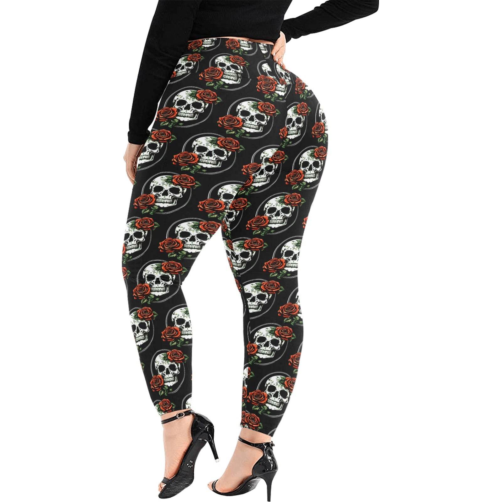 DeathDrip Skull and Rose Women's Plus Size High Waited Leggings Women's High Waist Leggings(Plus Size)(ModelL45) - DeRose Seasonal