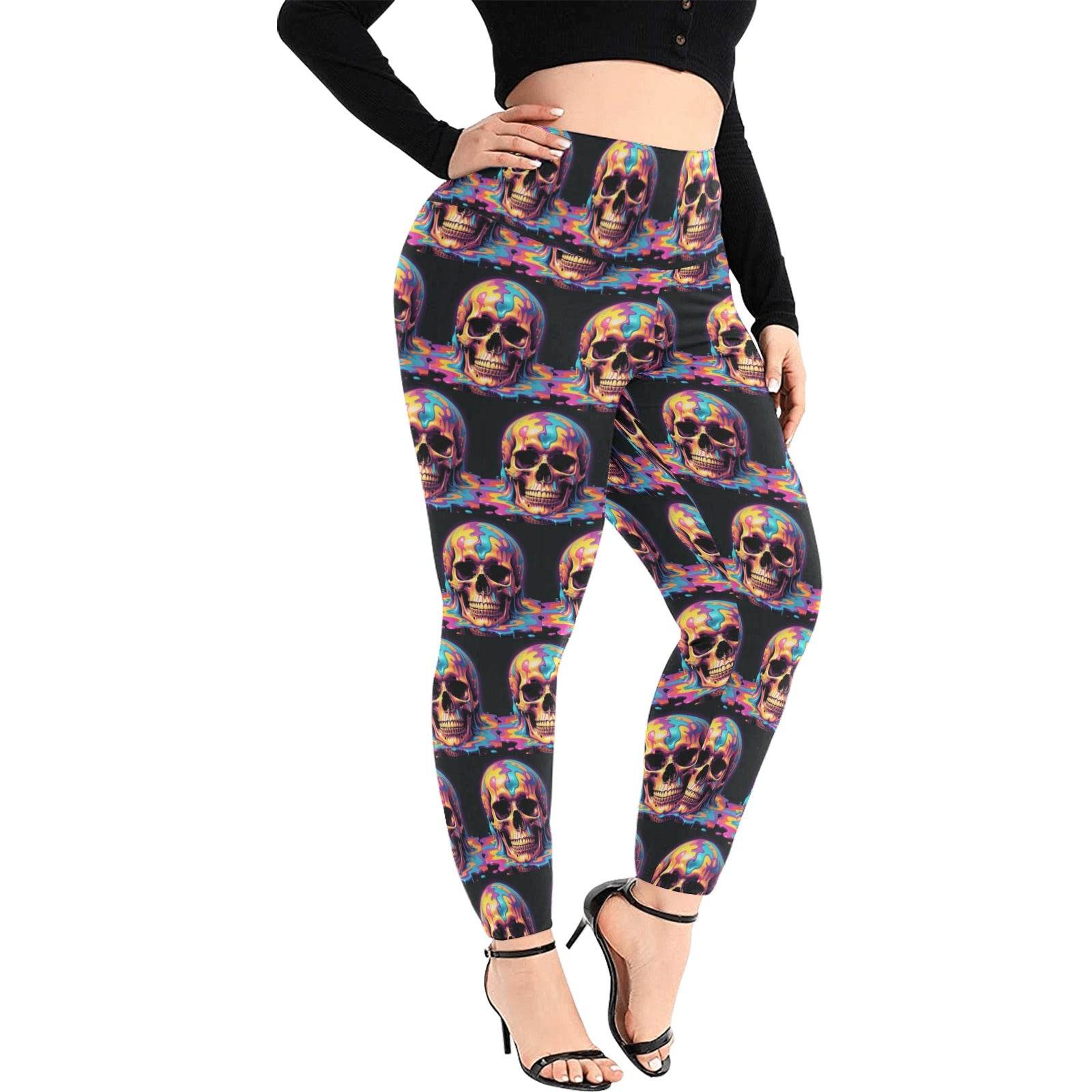 Dripping Skull Women's Plus Size High Waited Leggings Women's High Waist Leggings(Plus Size)(ModelL45) - DeRose Seasonal
