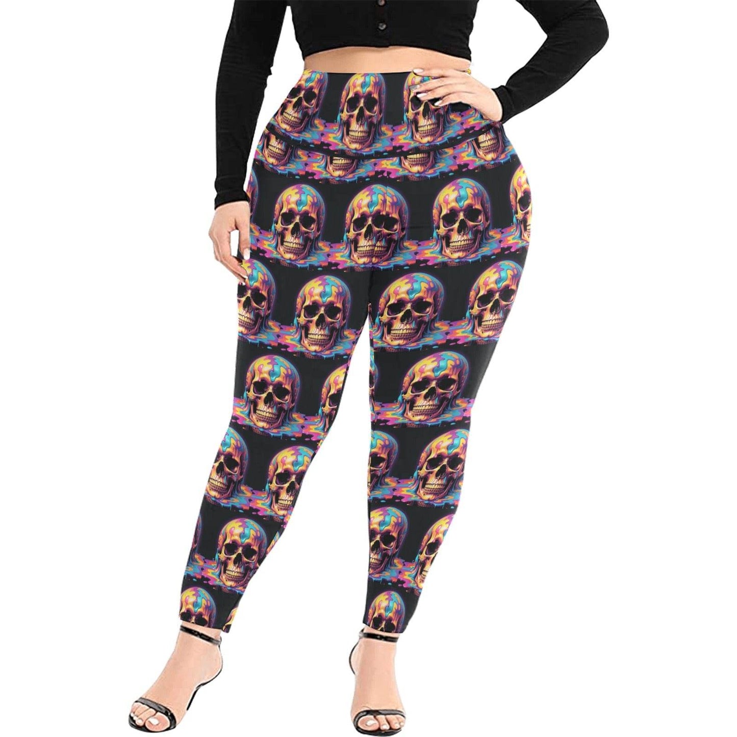 Dripping Skull Women's Plus Size High Waited Leggings Women's High Waist Leggings(Plus Size)(ModelL45) - DeRose Seasonal