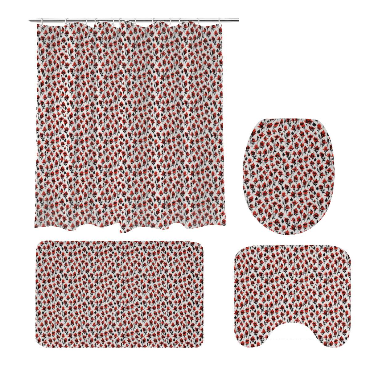 Floral Fire Bathroom Four-Piece Set(Shower Curtain + Toilet Cover Mat + Toilet Foot Mat + Floor Mat)| Polyester - DeRose Seasonal