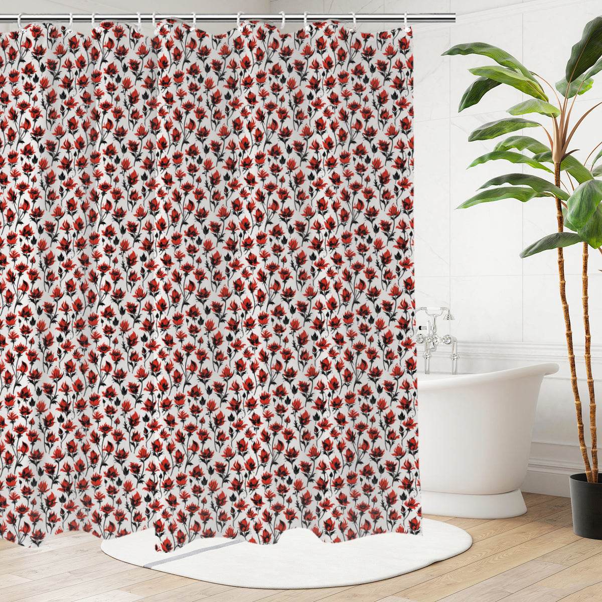Floral Fire Bathroom Four-Piece Set(Shower Curtain + Toilet Cover Mat + Toilet Foot Mat + Floor Mat)| Polyester - DeRose Seasonal