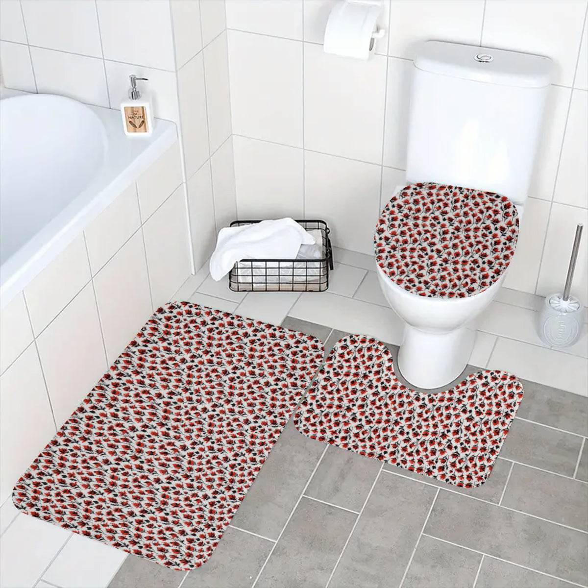 Floral Fire Bathroom Four-Piece Set(Shower Curtain + Toilet Cover Mat + Toilet Foot Mat + Floor Mat)| Polyester - DeRose Seasonal
