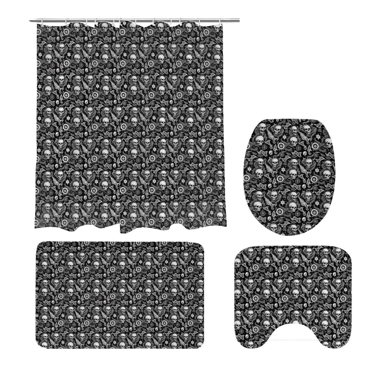 Flying Skulls Bathroom Four-Piece Set(Shower Curtain + Toilet Cover Mat + Toilet Foot Mat + Floor Mat)| Polyester - DeRose Seasonal