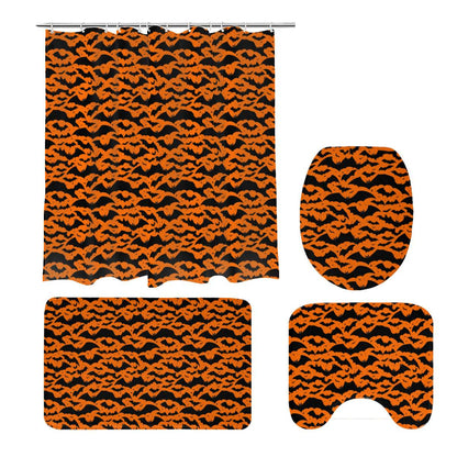 Halloween Bats Bathroom Four-Piece Set(Shower Curtain + Toilet Cover Mat + Toilet Foot Mat + Floor Mat)| Polyester - DeRose Seasonal