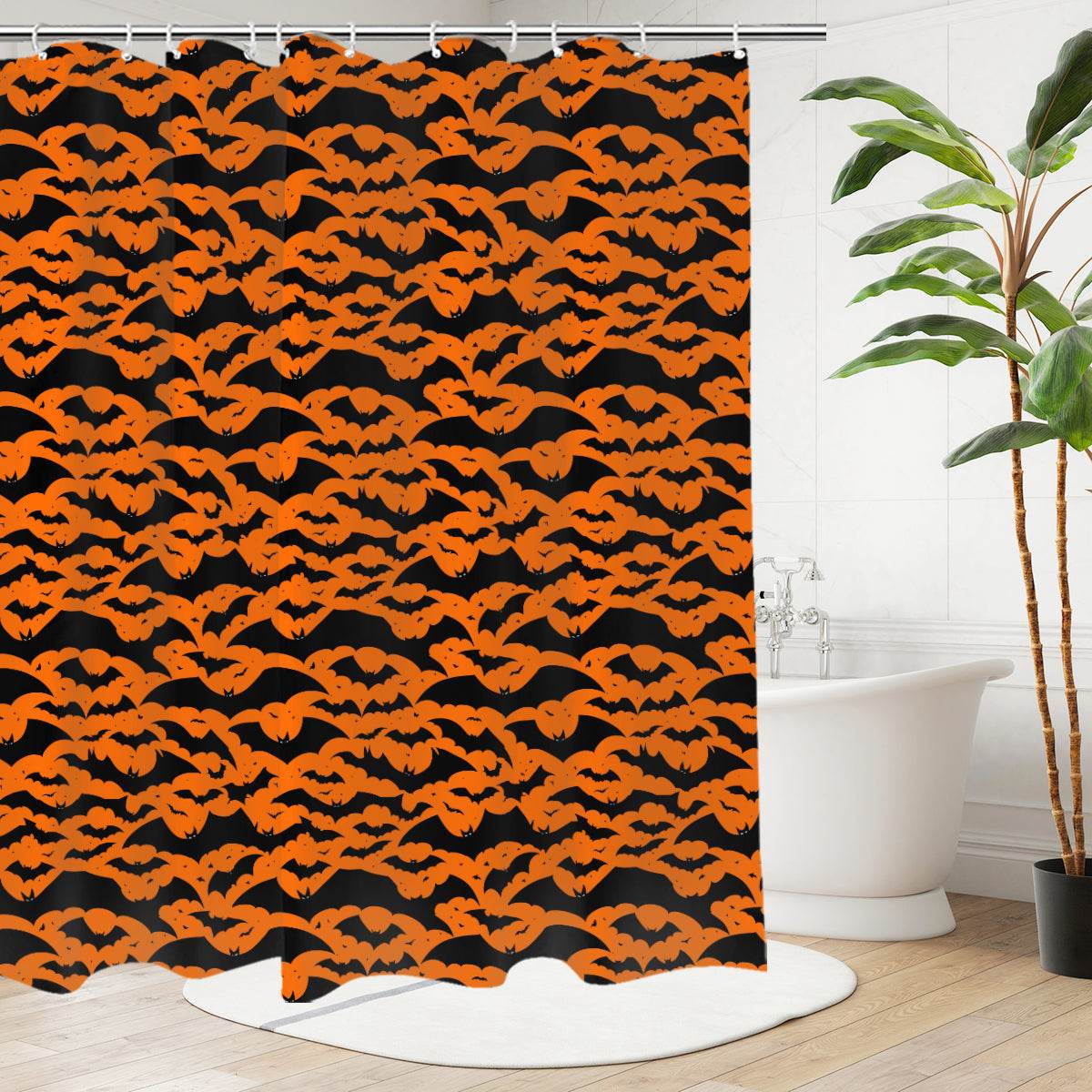 Halloween Bats Bathroom Four-Piece Set(Shower Curtain + Toilet Cover Mat + Toilet Foot Mat + Floor Mat)| Polyester - DeRose Seasonal