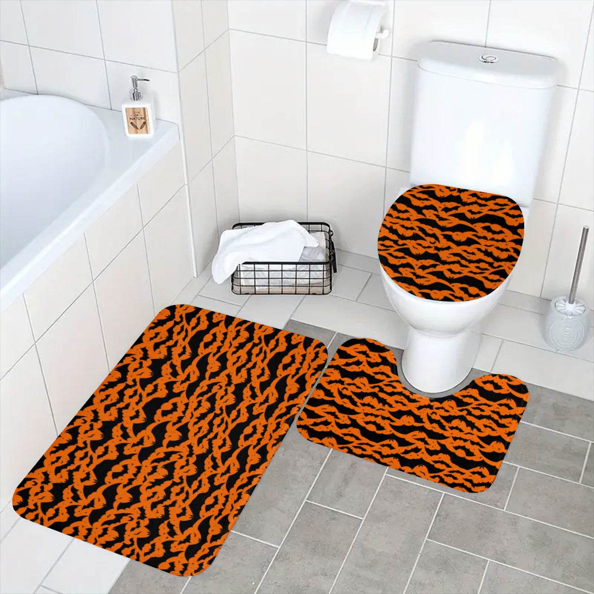 Halloween Bats Bathroom Four-Piece Set(Shower Curtain + Toilet Cover Mat + Toilet Foot Mat + Floor Mat)| Polyester - DeRose Seasonal