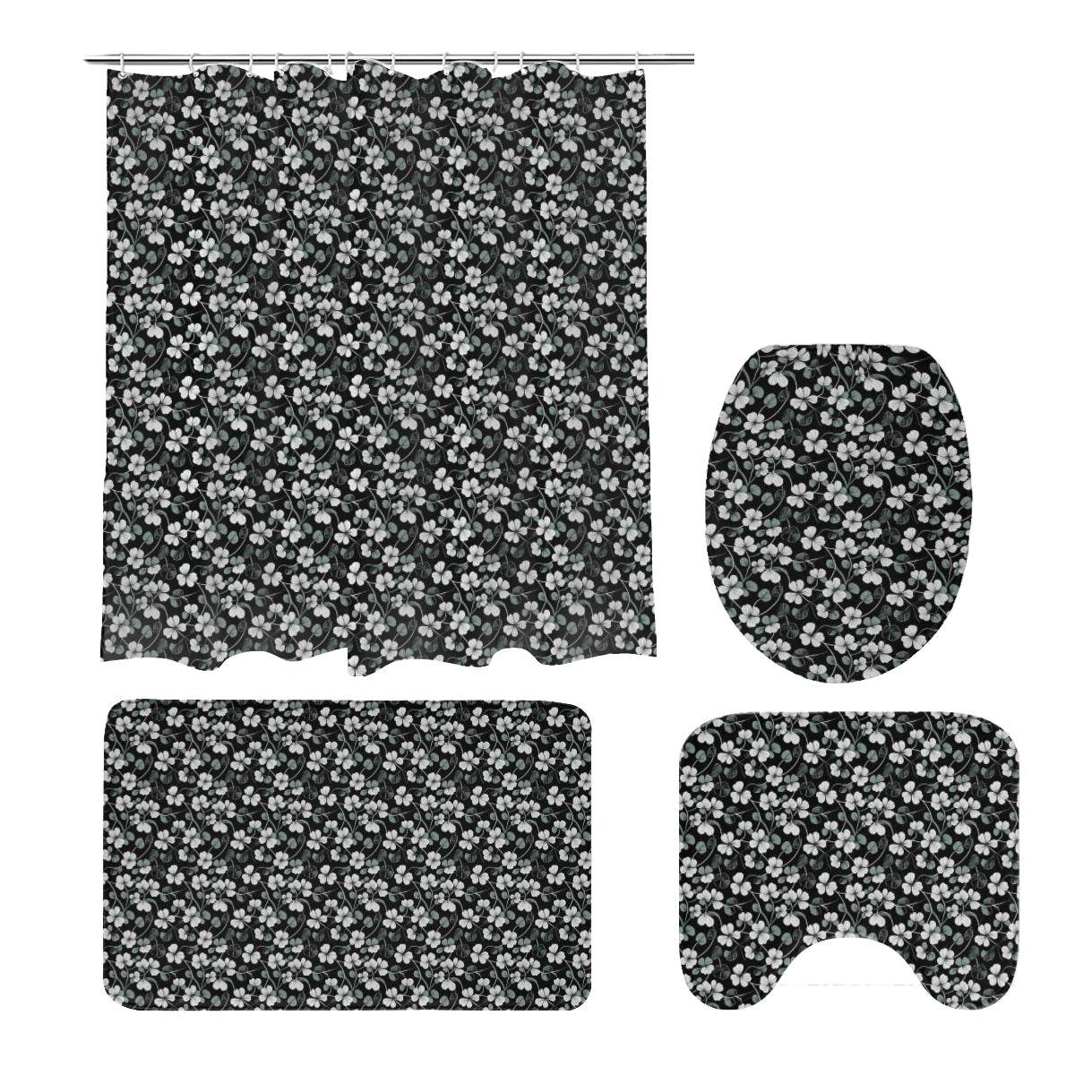 White and Green Clovers Bathroom Four-Piece Set(Shower Curtain + Toilet Cover Mat + Toilet Foot Mat + Floor Mat)| Polyester - DeRose Seasonal