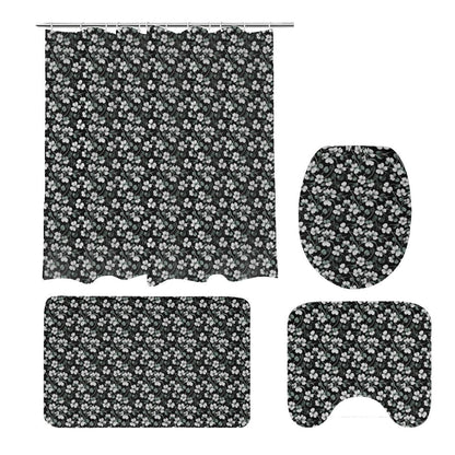 White and Green Clovers Bathroom Four-Piece Set(Shower Curtain + Toilet Cover Mat + Toilet Foot Mat + Floor Mat)| Polyester - DeRose Seasonal