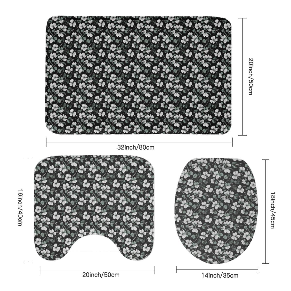 White and Green Clovers Bathroom Four-Piece Set(Shower Curtain + Toilet Cover Mat + Toilet Foot Mat + Floor Mat)| Polyester - DeRose Seasonal