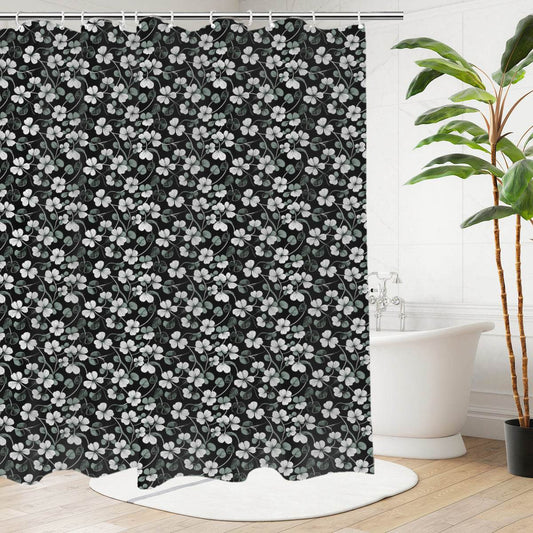 White and Green Clovers Bathroom Four-Piece Set(Shower Curtain + Toilet Cover Mat + Toilet Foot Mat + Floor Mat)| Polyester - DeRose Seasonal