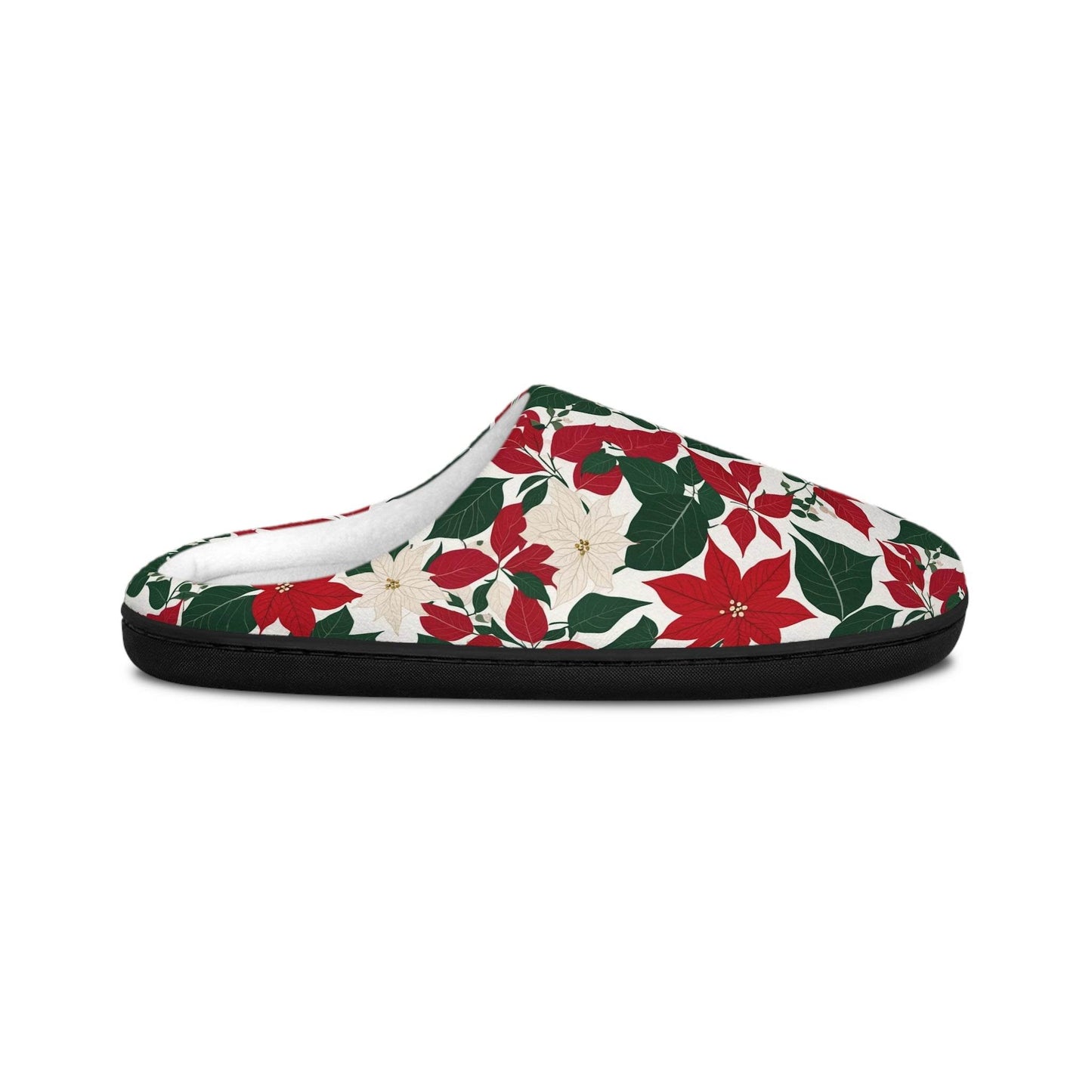 Festive Red and White Poinsettia Flower Men's Indoor Slippers - Cozy Holiday Footwear - DeRose Seasonal