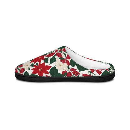 Festive Red and White Poinsettia Flower Men's Indoor Slippers - Cozy Holiday Footwear - DeRose Seasonal