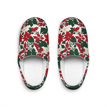 Festive Red and White Poinsettia Flower Men's Indoor Slippers - Cozy Holiday Footwear - DeRose Seasonal