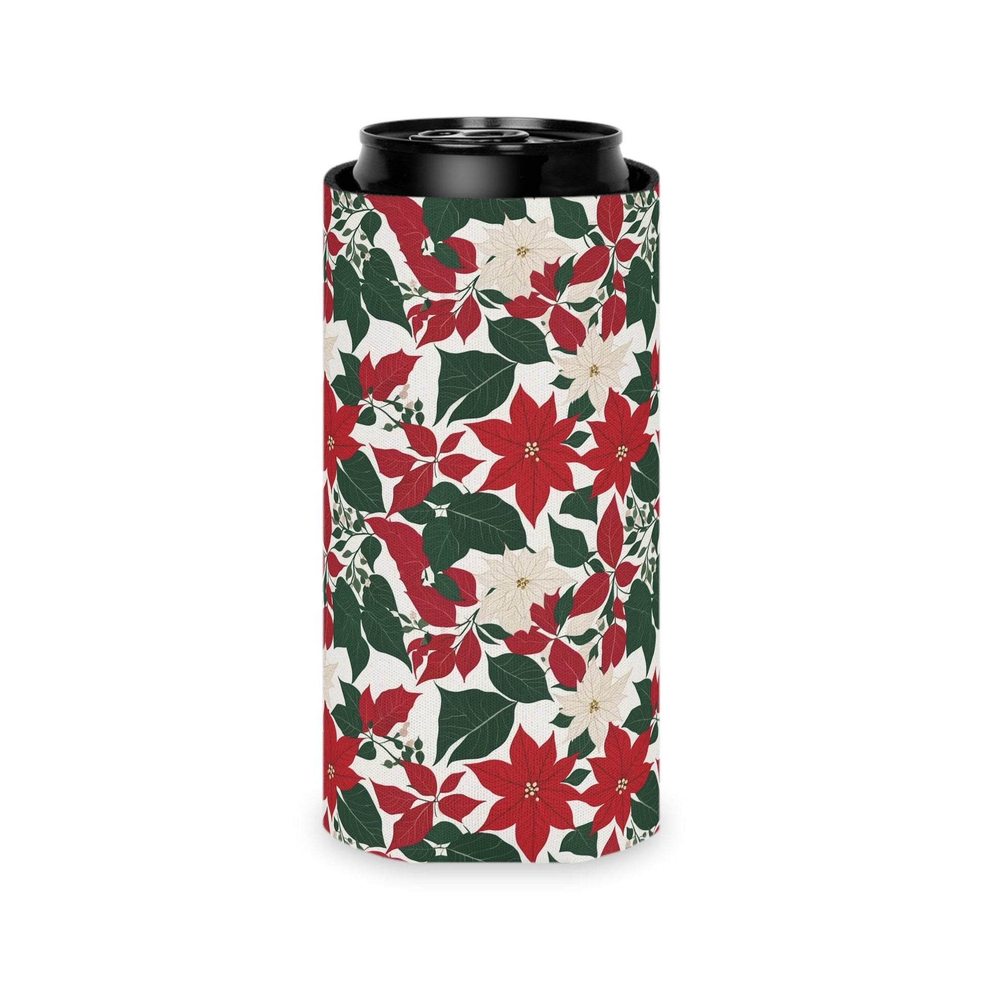 Red and White Poinsettia Can Cooler BOGO 50% Off - DeRose Seasonal