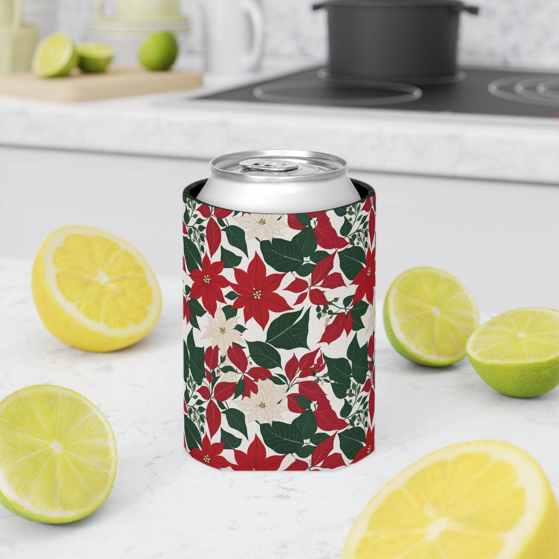 Red and White Poinsettia Can Cooler BOGO 50% Off - DeRose Seasonal