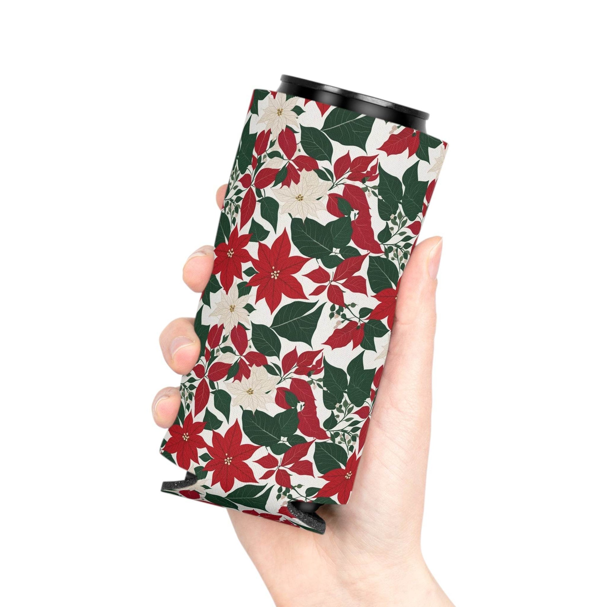 Red and White Poinsettia Can Cooler BOGO 50% Off - DeRose Seasonal