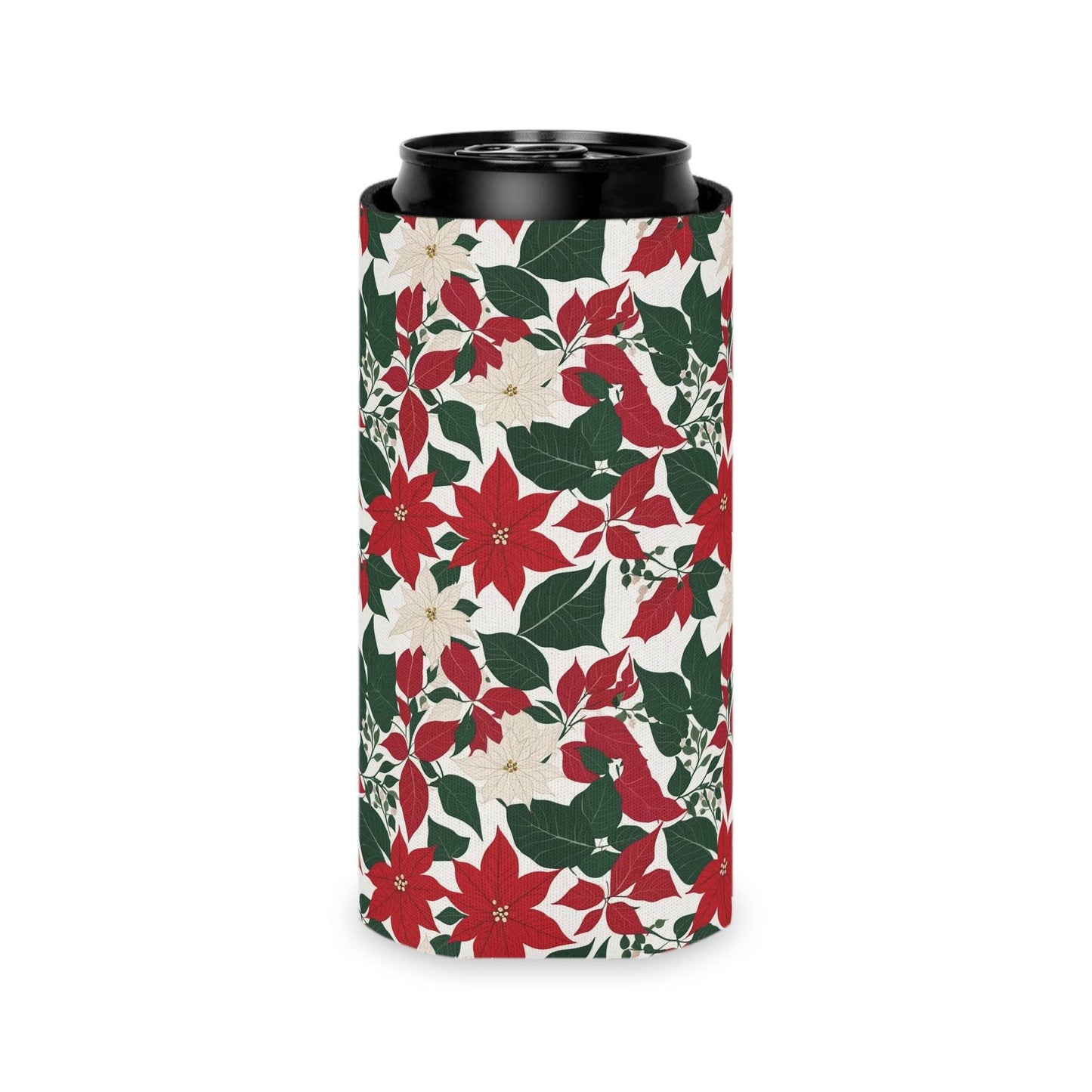 Red and White Poinsettia Can Cooler BOGO 50% Off - DeRose Seasonal
