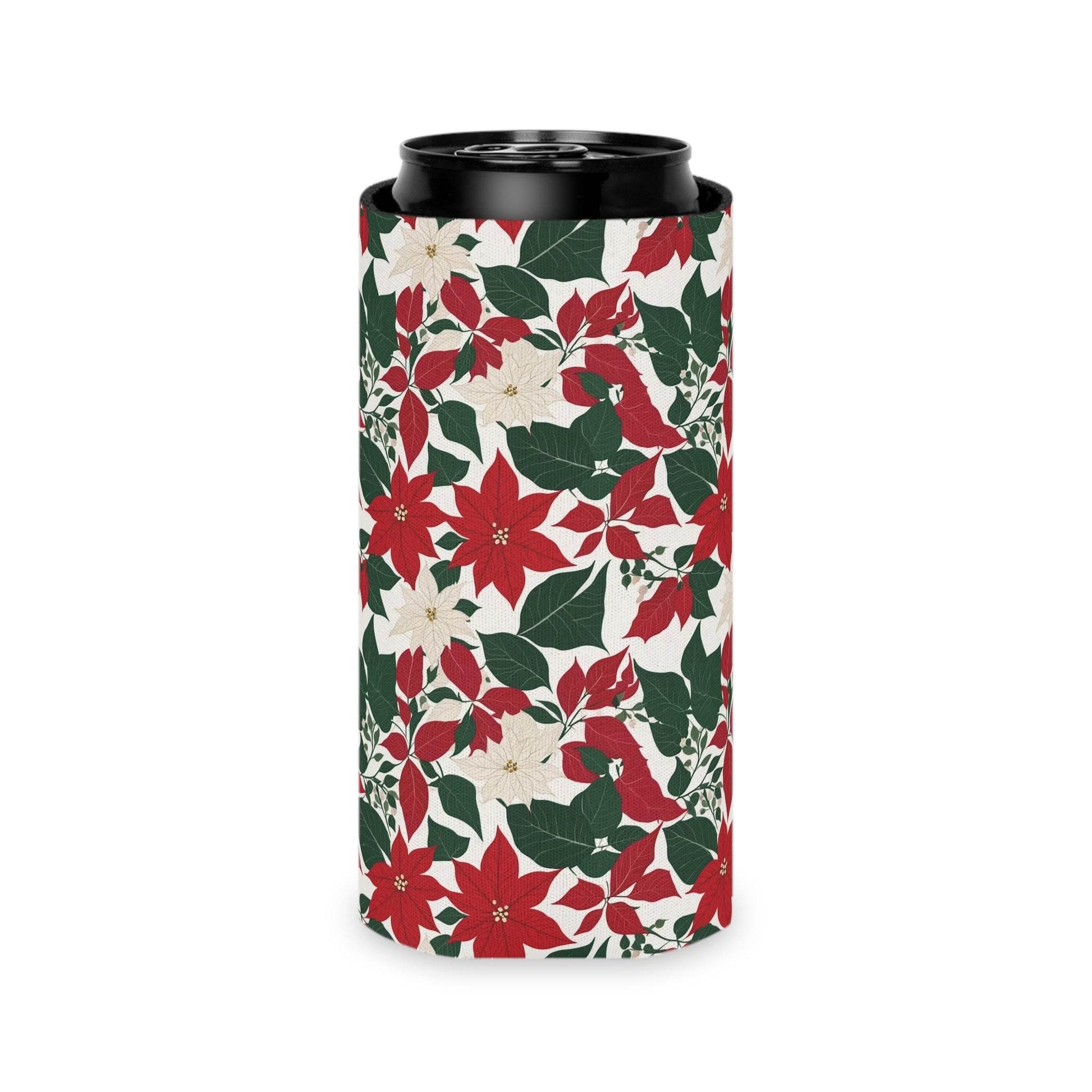 Red and White Poinsettia Can Cooler BOGO 50% Off - DeRose Seasonal