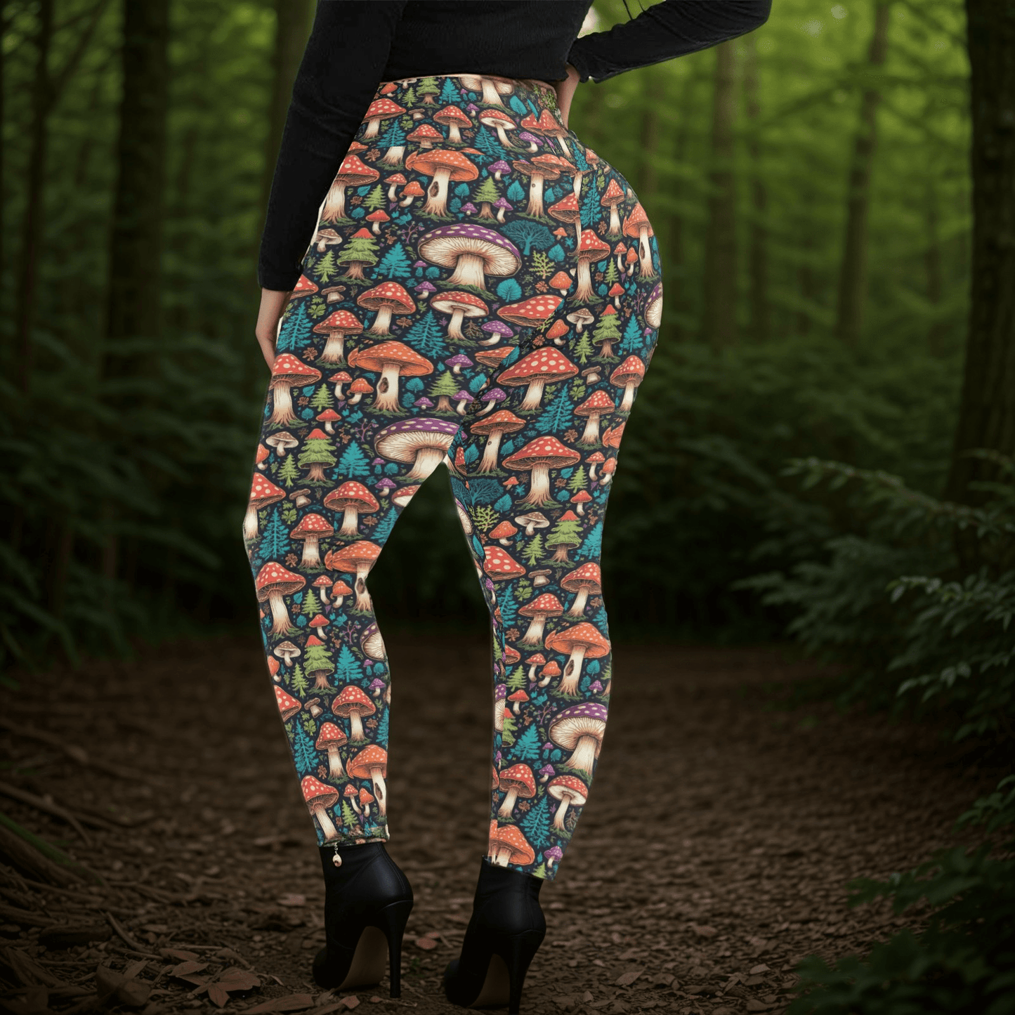 Forest Shrooms Women's Plus Size High Waited Leggings Women's High Waist Leggings(Plus Size)(ModelL45) - DeRose Seasonal