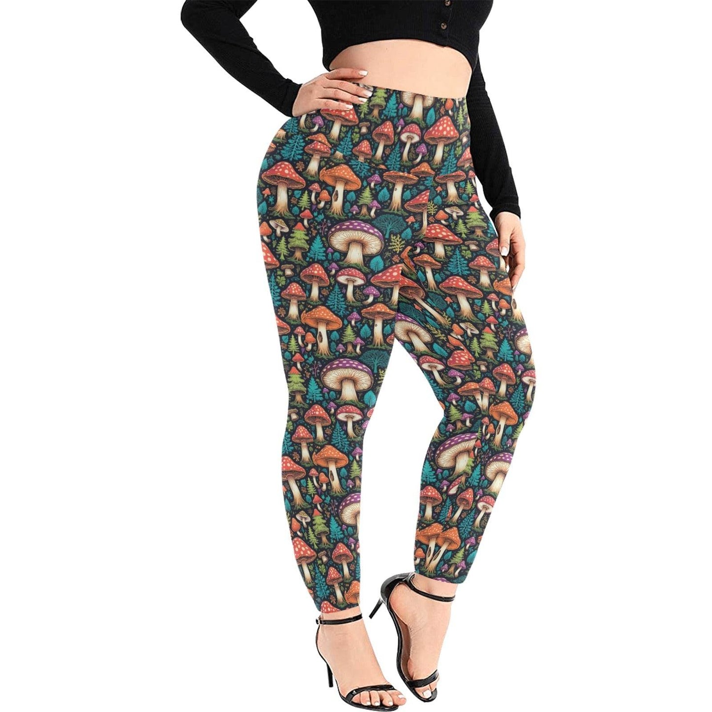 Forest Shrooms Women's Plus Size High Waited Leggings Women's High Waist Leggings(Plus Size)(ModelL45) - DeRose Seasonal