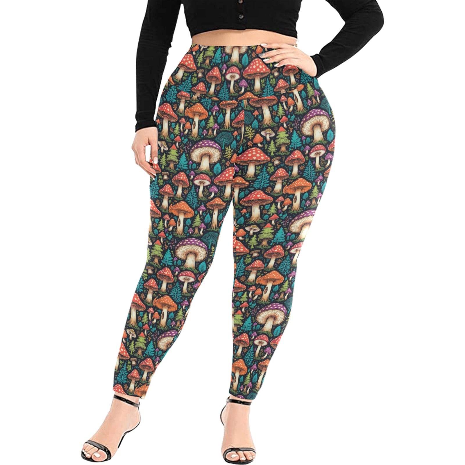Forest Shrooms Women's Plus Size High Waited Leggings Women's High Waist Leggings(Plus Size)(ModelL45) - DeRose Seasonal