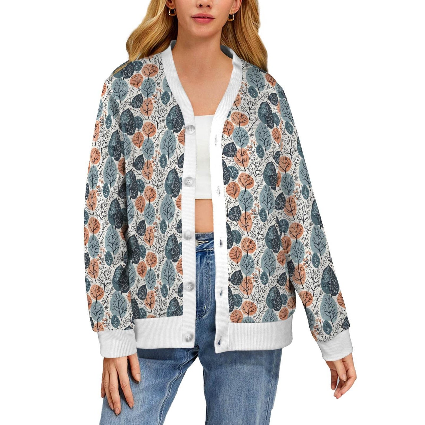 Freezing Leaves Women's Cardigan Button Sweater Custom Women's Cardigan (Model H73) - DeRose Seasonal