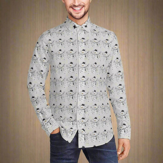 Frosty the Snowman Men's Classic Long-Sleeved Button up Polyester Dress Shirt - DeRose Seasonal