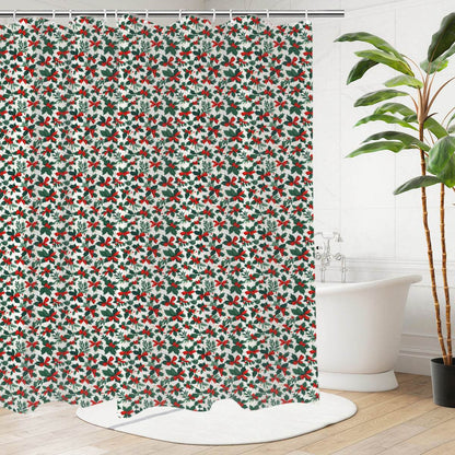Holly Bow Bathroom Four-Piece Set(Shower Curtain + Toilet Cover Mat + Toilet Foot Mat + Floor Mat)| Polyester - DeRose Seasonal