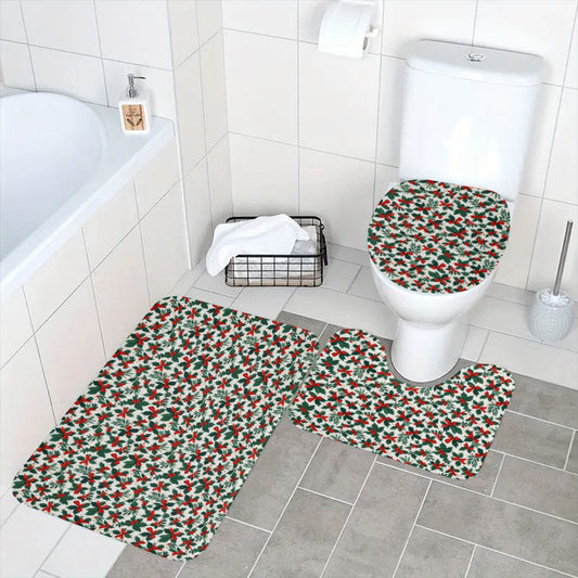 Holly Bow Bathroom Four-Piece Set(Shower Curtain + Toilet Cover Mat + Toilet Foot Mat + Floor Mat)| Polyester - DeRose Seasonal