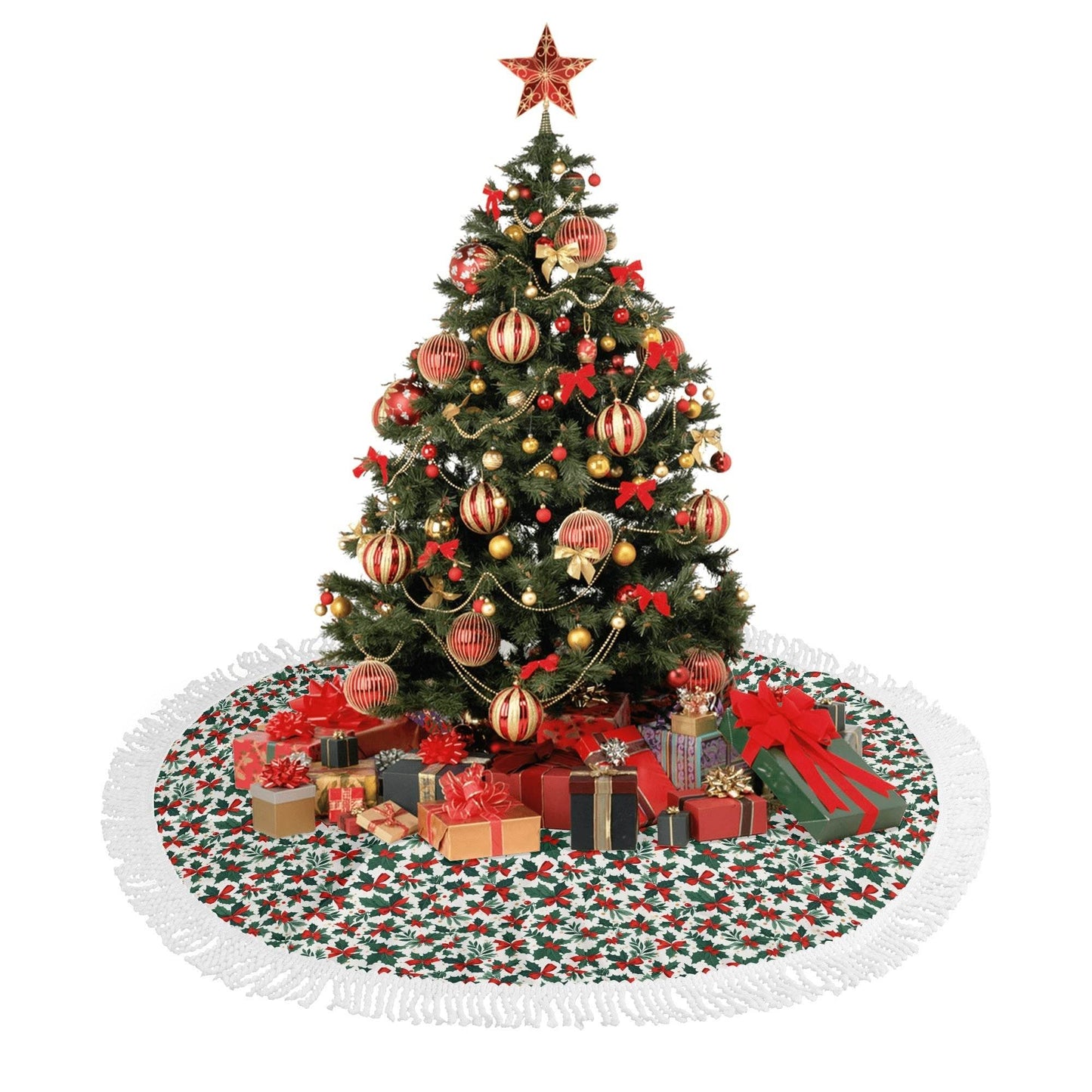 Holly Bow Fringed Christmas Tree Skirts - DeRose Seasonal