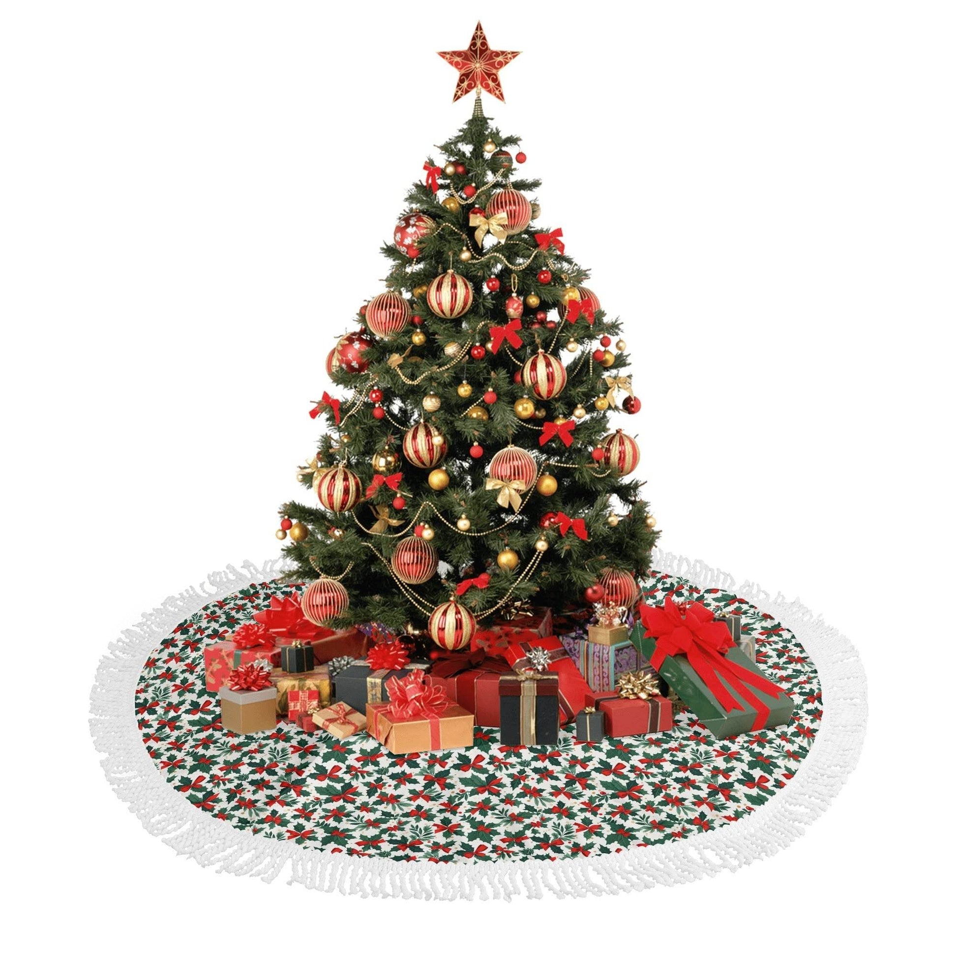 Holly Bow Fringed Christmas Tree Skirts - DeRose Seasonal